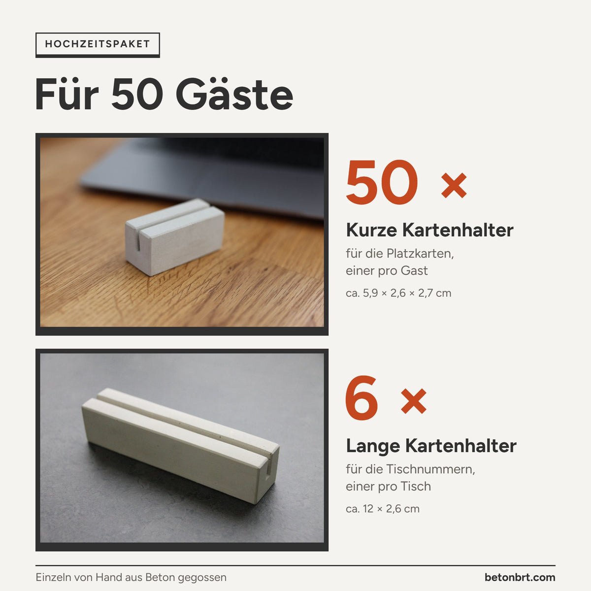 Inhalt Hochzeitspaket für 50 Gäste: 50 kurze und 6 lange Kartenhalter aus Beton