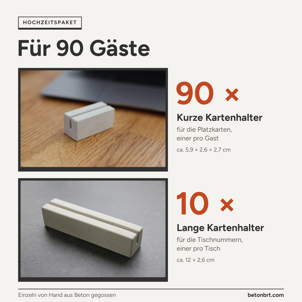 Inhalt Hochzeitspaket für 90 Gäste: 90 kurze und 10 lange Kartenhalter aus Beton